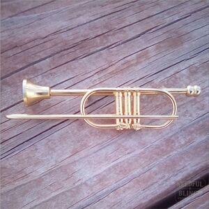Vintage Gold Tone Trumpet Brooch Musical Instrument Pin 3" Music Band Lapel
